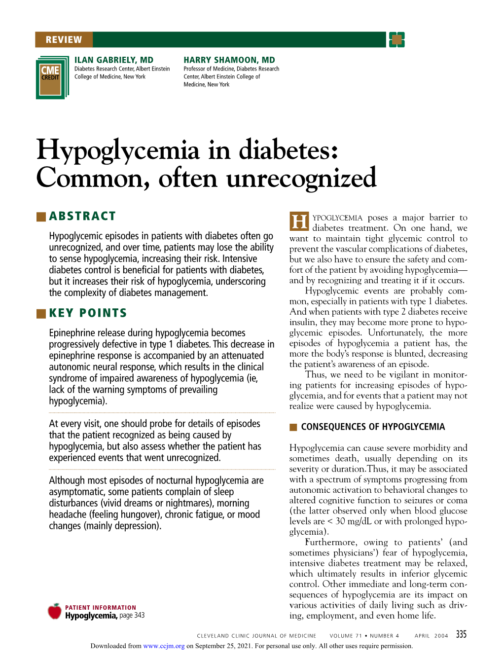 Hypoglycemia in Diabetes: Common, Often Unrecognized