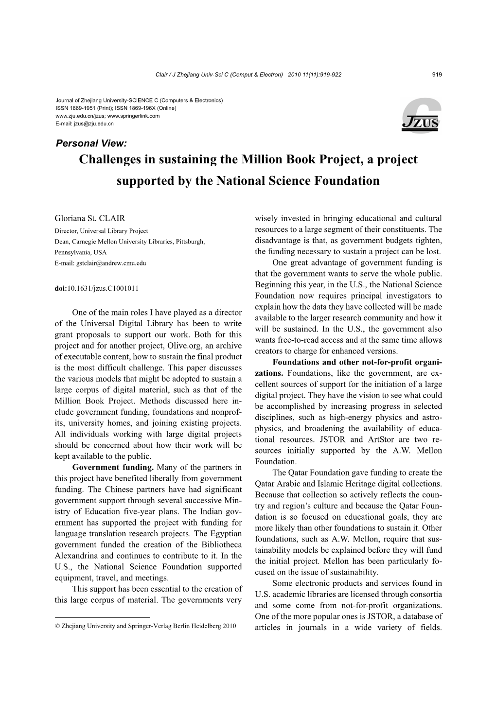 Challenges in Sustaining the Million Book Project, a Project Supported by the National Science Foundation