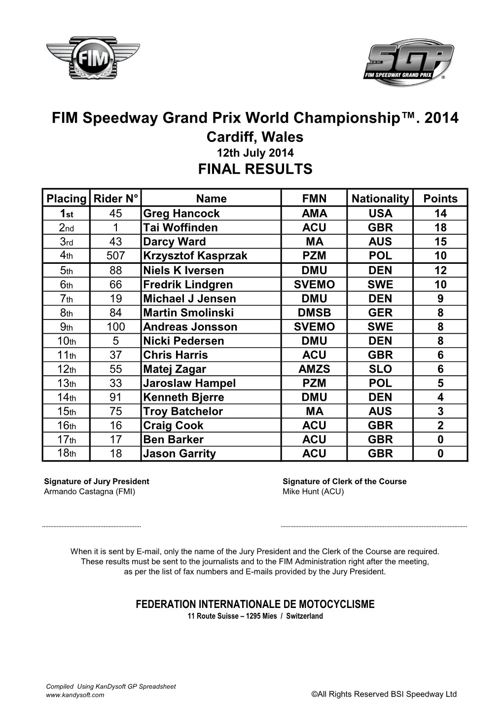 FIM Speedway Grand Prix World Championship™. 2014 Cardiff, Wales 12Th July 2014 FINAL RESULTS