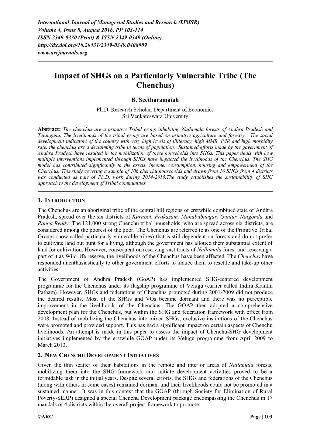 Impact of Shgs on a Particularly Vulnerable Tribe (The Chenchus)