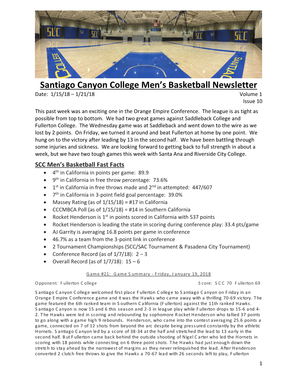 Santiago Canyon College Men's Basketball Newsletter