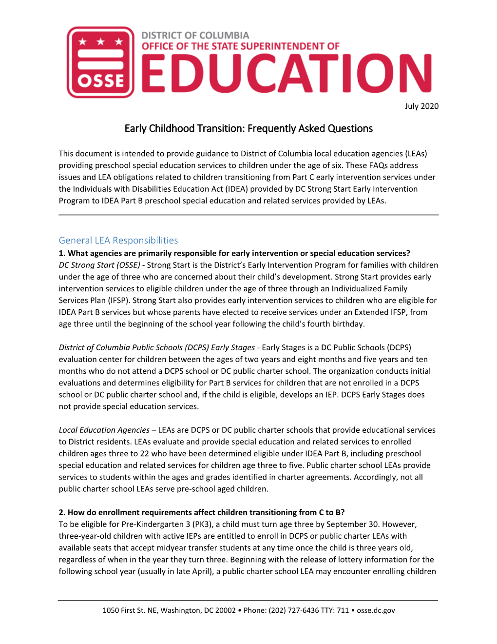 OSSE Early Childhood Transition Faqs