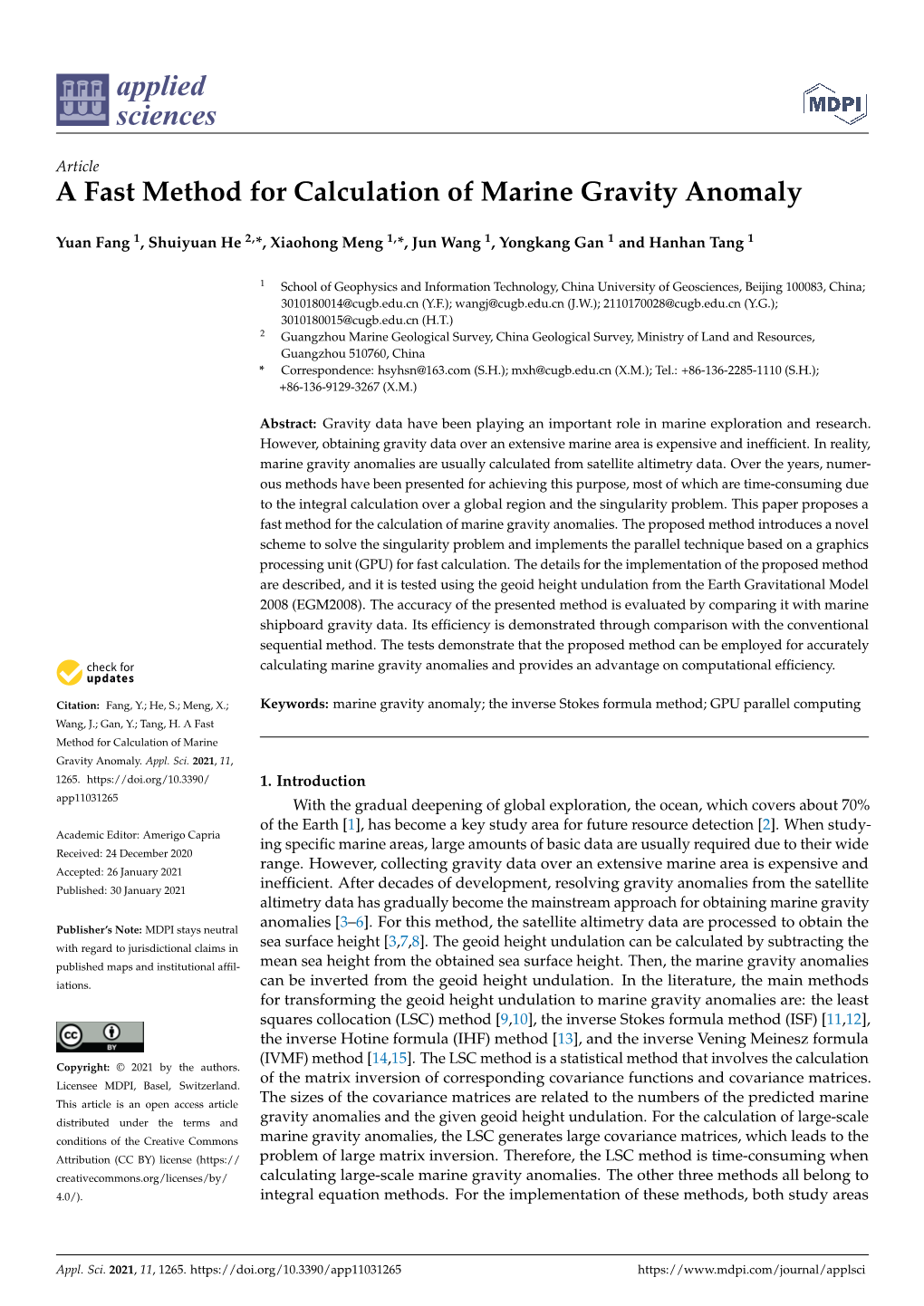 A Fast Method for Calculation of Marine Gravity Anomaly