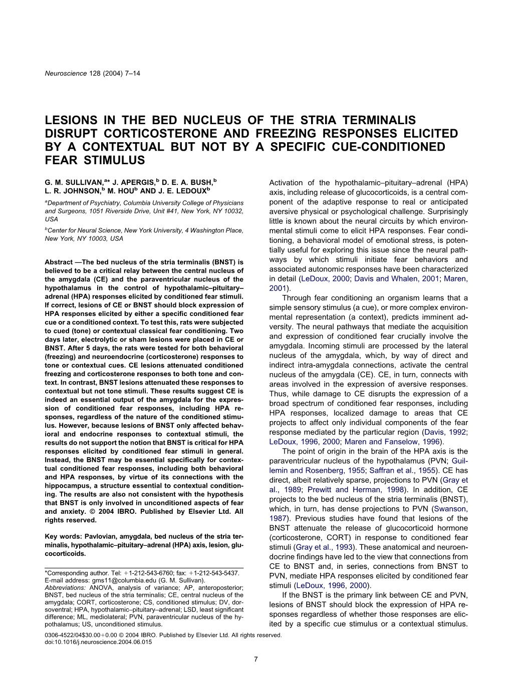 Lesions in the Bed Nucleus of the Stria Terminalis Disrupt