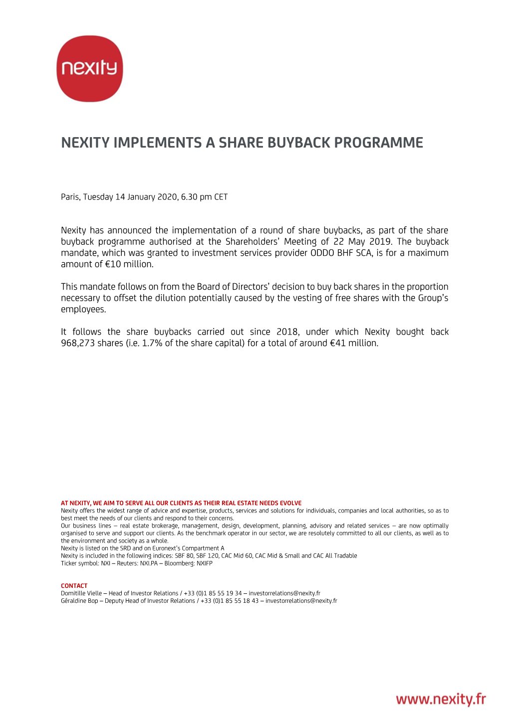 Nexity Implements a Share Buyback Programme