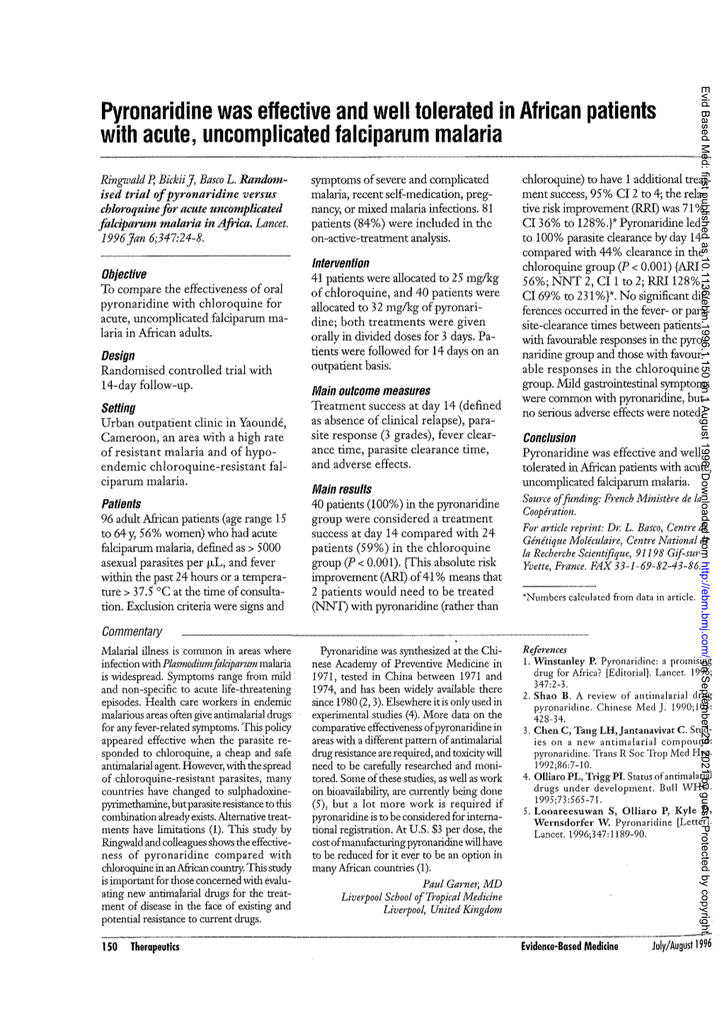 Pyronaridine Was Effective and Well Tolerated in African Patients with Acute, Uncomplicated Falcipamm Malaria