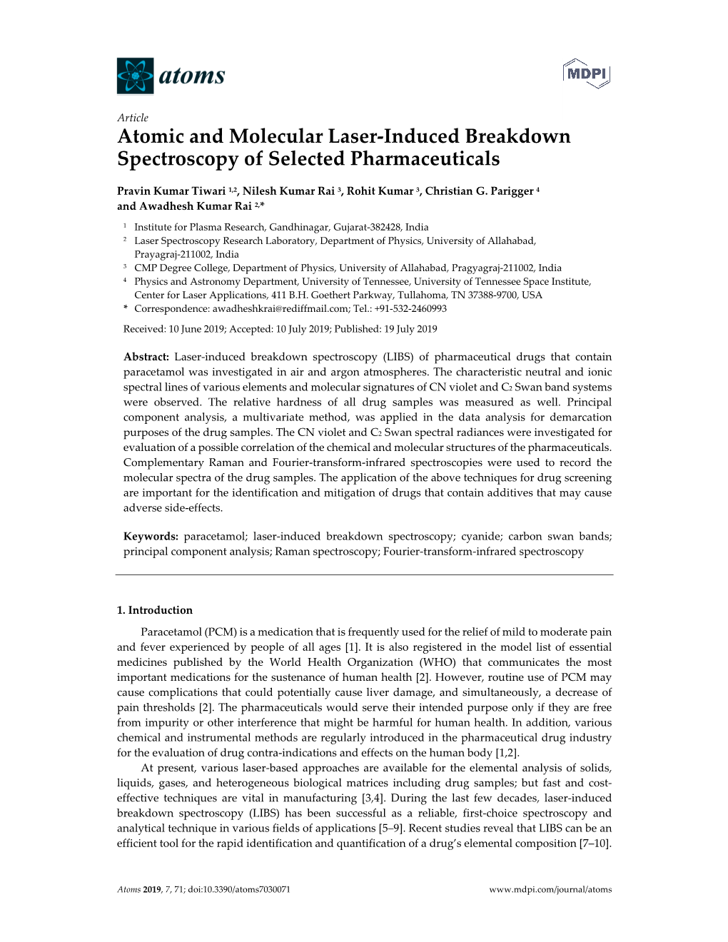 Atomic and Molecular Laser-Induced Breakdown Spectroscopy of Selected Pharmaceuticals