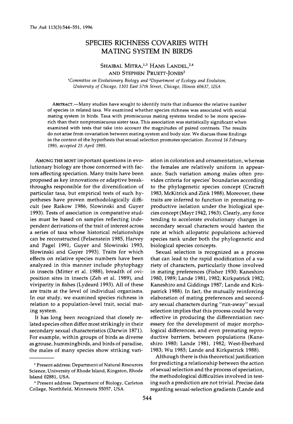 Species Richness Covaries with Mating System in Birds