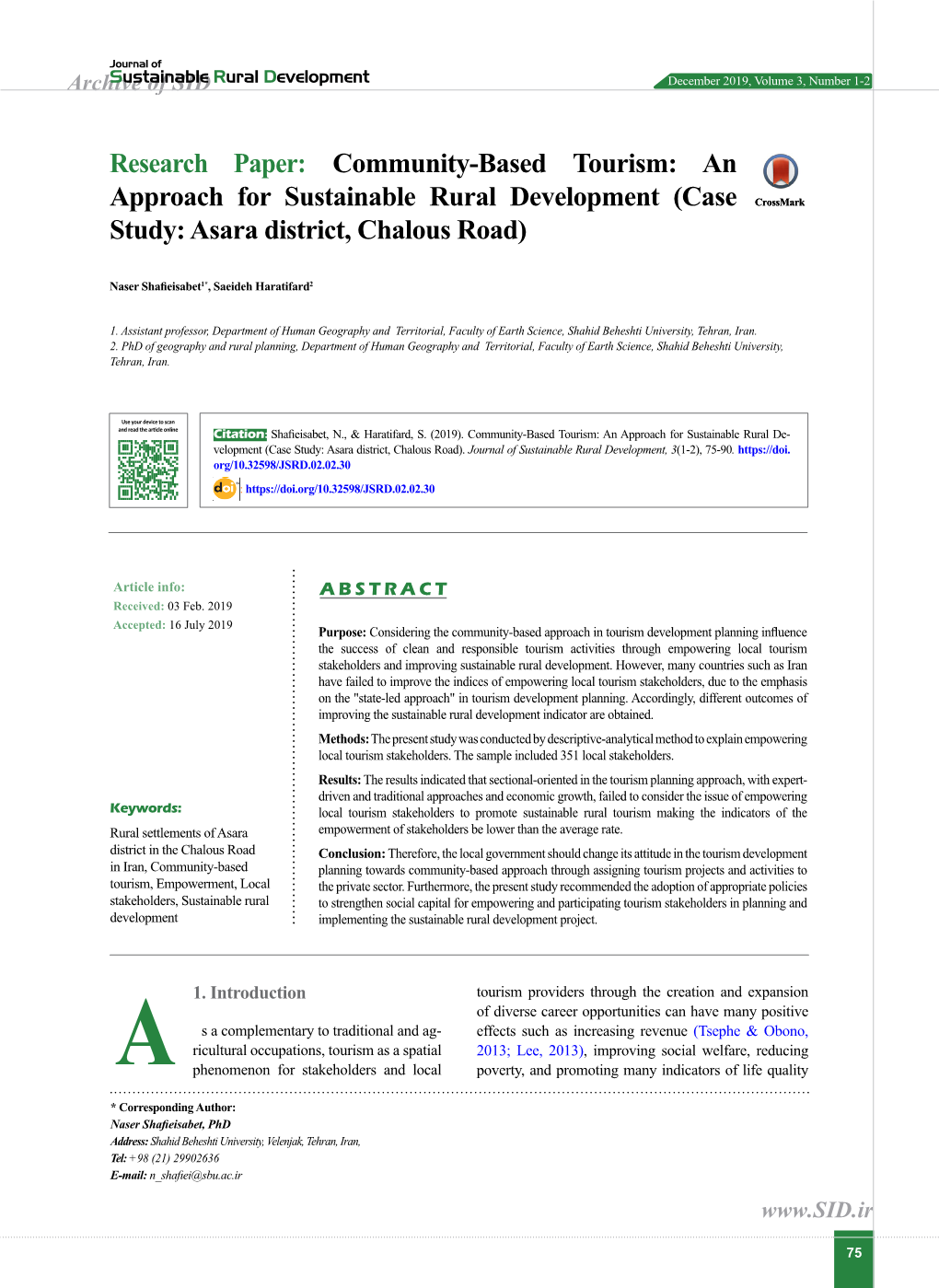 An Approach for Sustainable Rural Development (Case Crossmark Study: Asara District, Chalous Road)