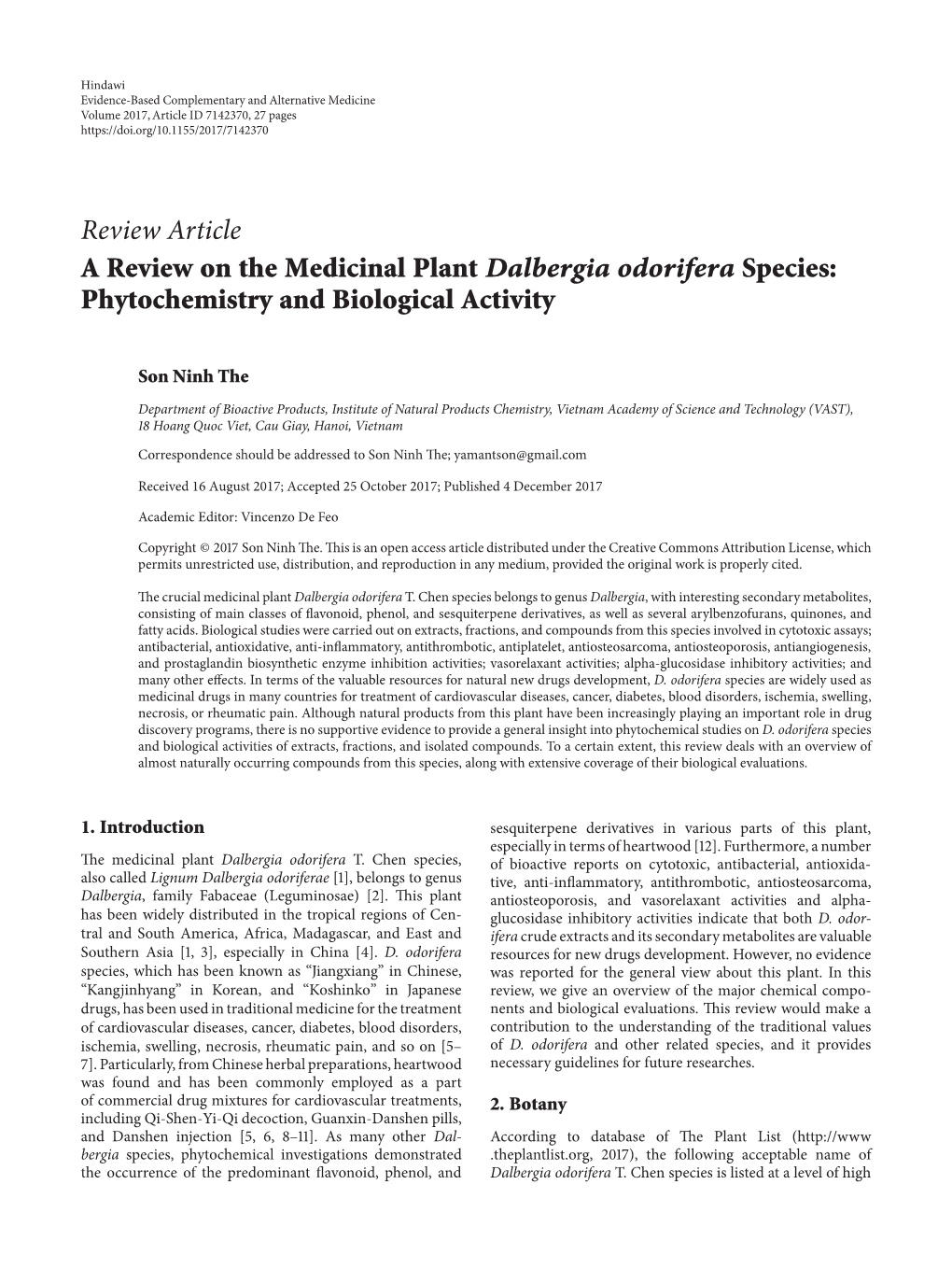 Review Article a Review on the Medicinal Plant Dalbergia Odorifera Species: Phytochemistry and Biological Activity