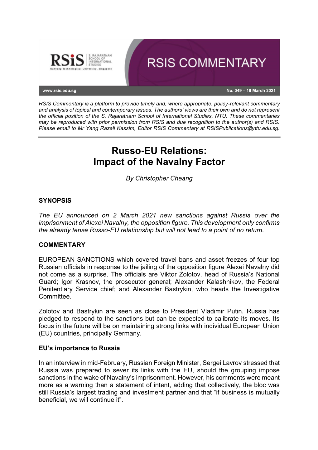 Russo-EU Relations: Impact of the Navalny Factor