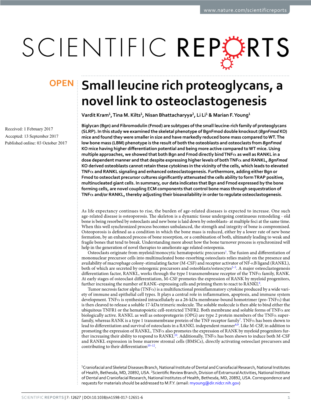 Small Leucine Rich Proteoglycans, a Novel Link to Osteoclastogenesis Vardit Kram1, Tina M