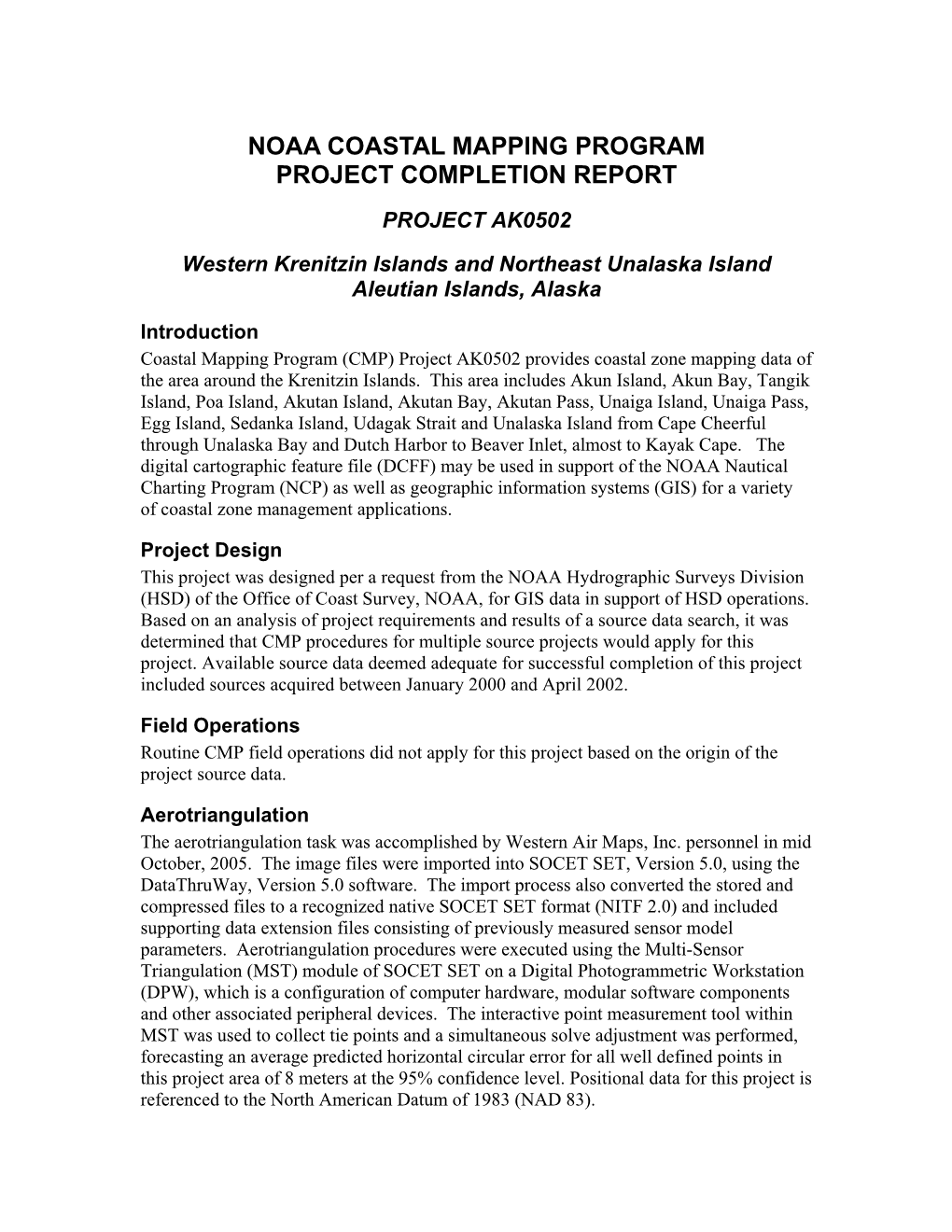 Noaa Coastal Mapping Program Project Completion Report