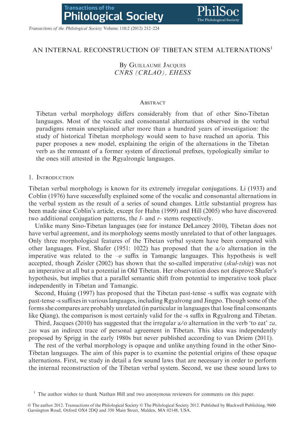 An Internal Reconstruction of Tibetan Stem Alternations1