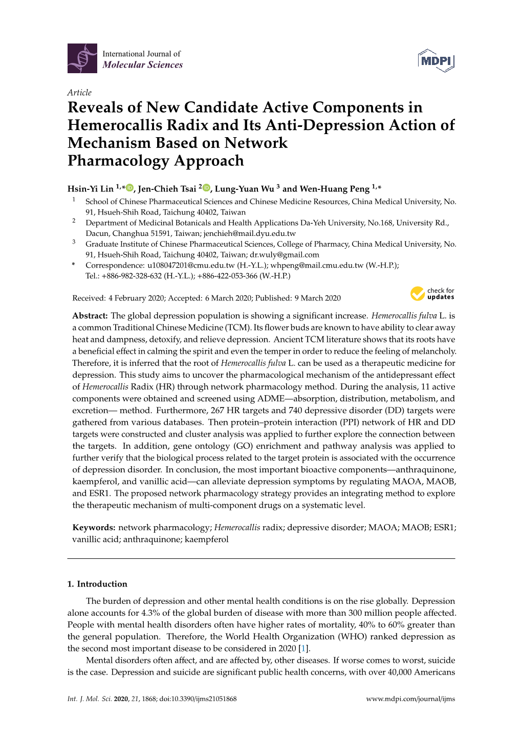 Reveals of New Candidate Active Components in Hemerocallis Radix and Its Anti-Depression Action of Mechanism Based on Network Pharmacology Approach