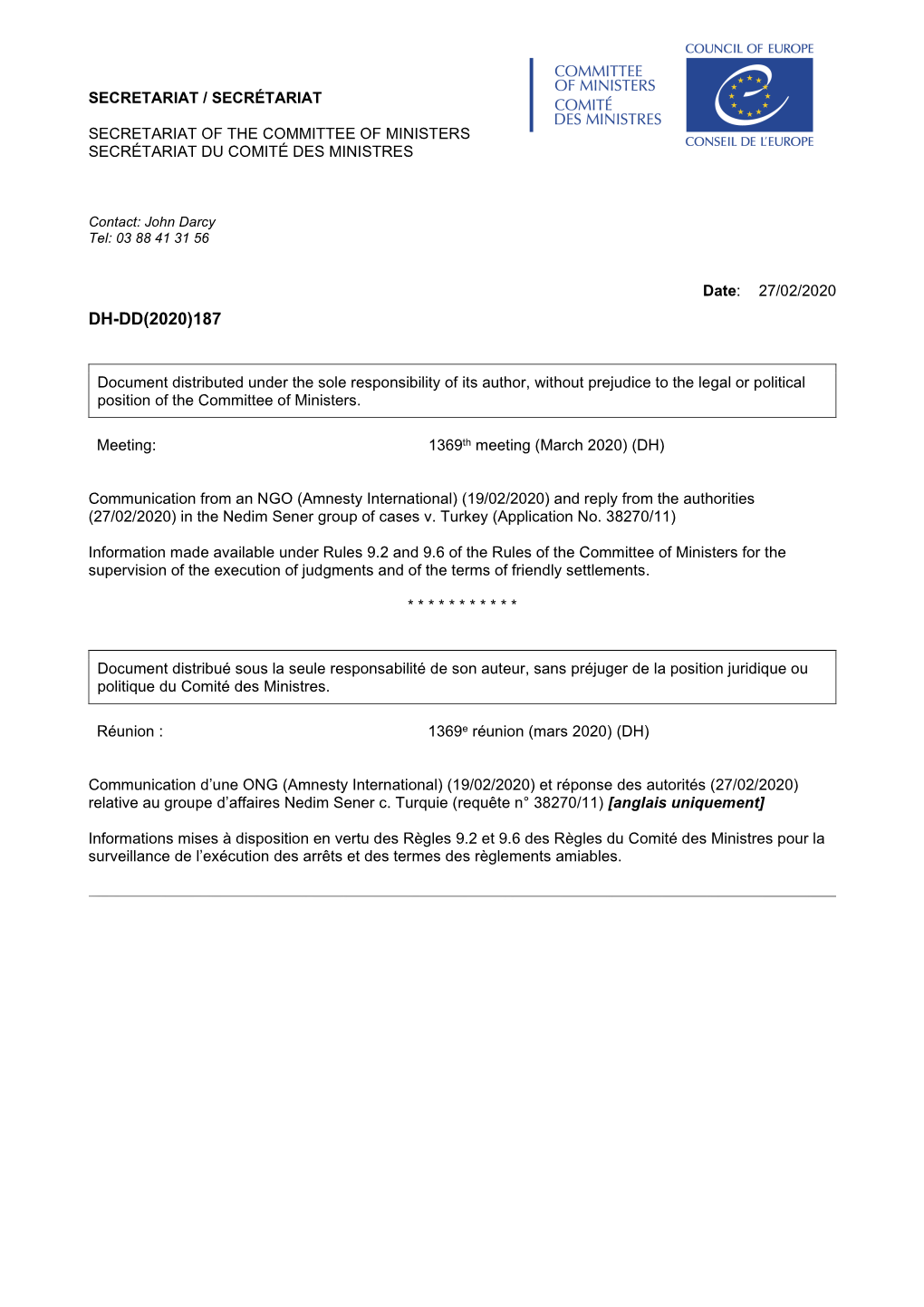 Nedim Sener Group of Cases V. Turkey (Application No