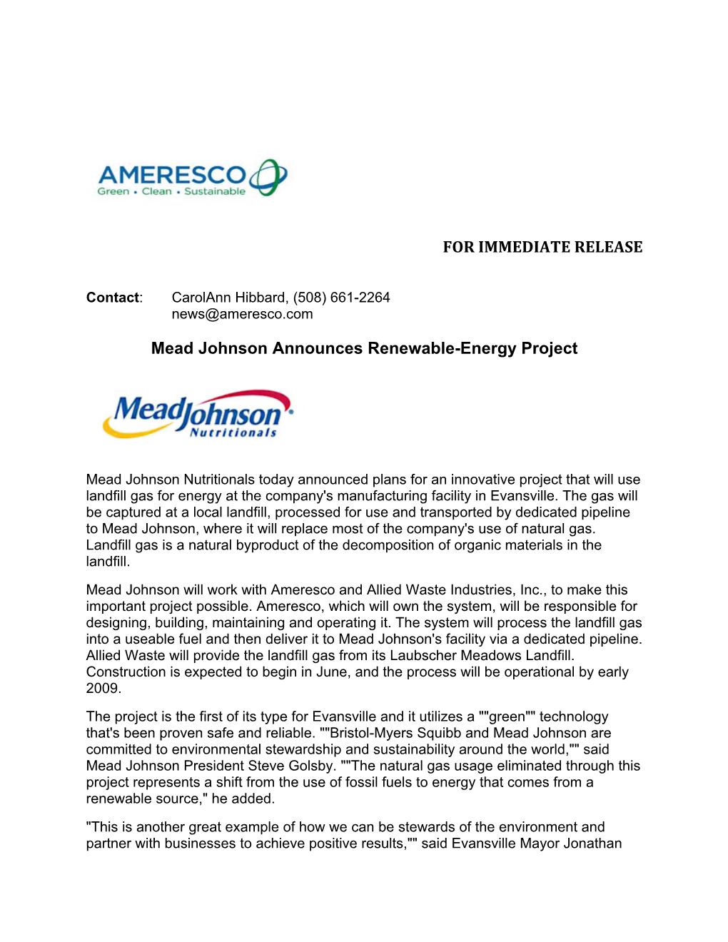 Mead Johnson Announces Renewable-Energy Project