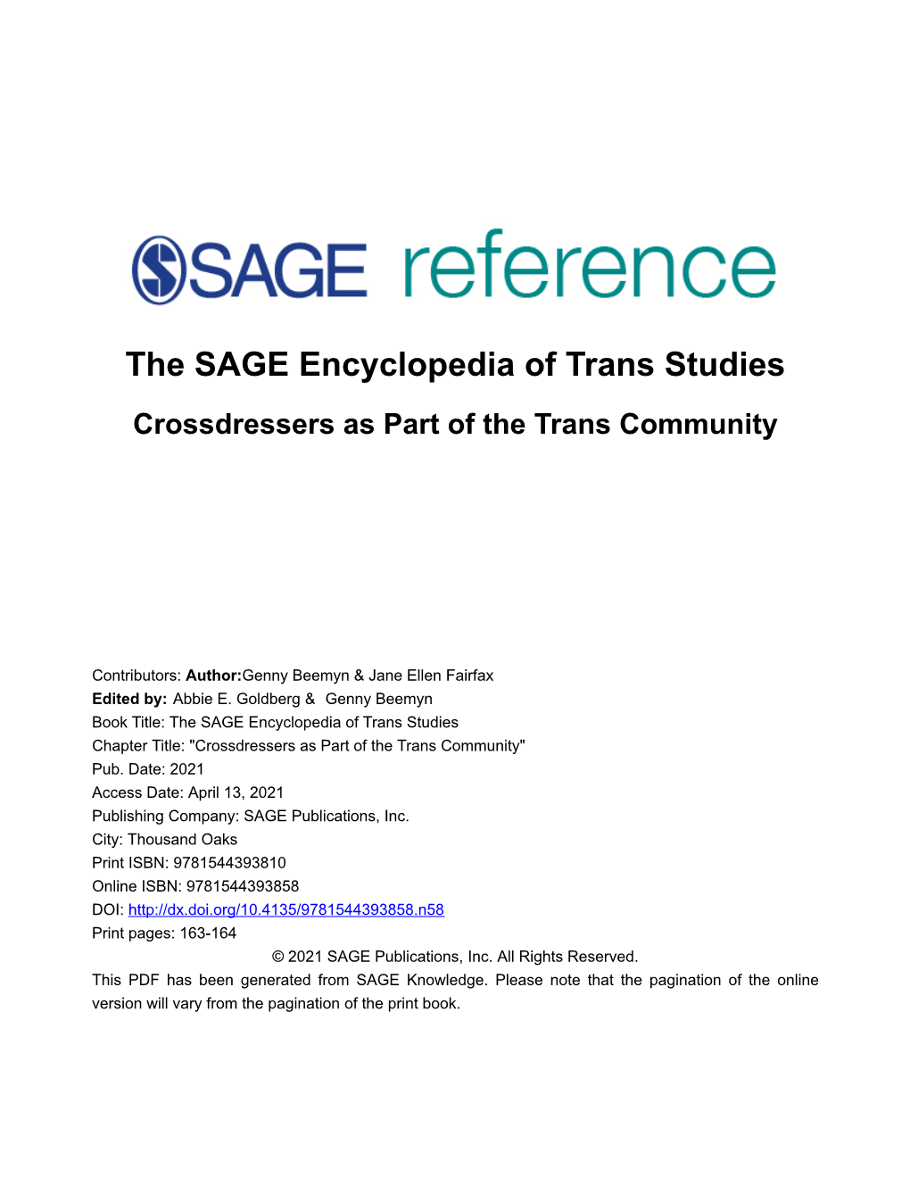 Encyclopedia of Trans Studies Crossdressers As Part of the Trans Community