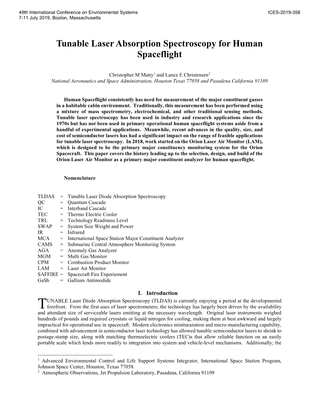 Tunable Laser Absorption Spectroscopy for Human Spaceflight