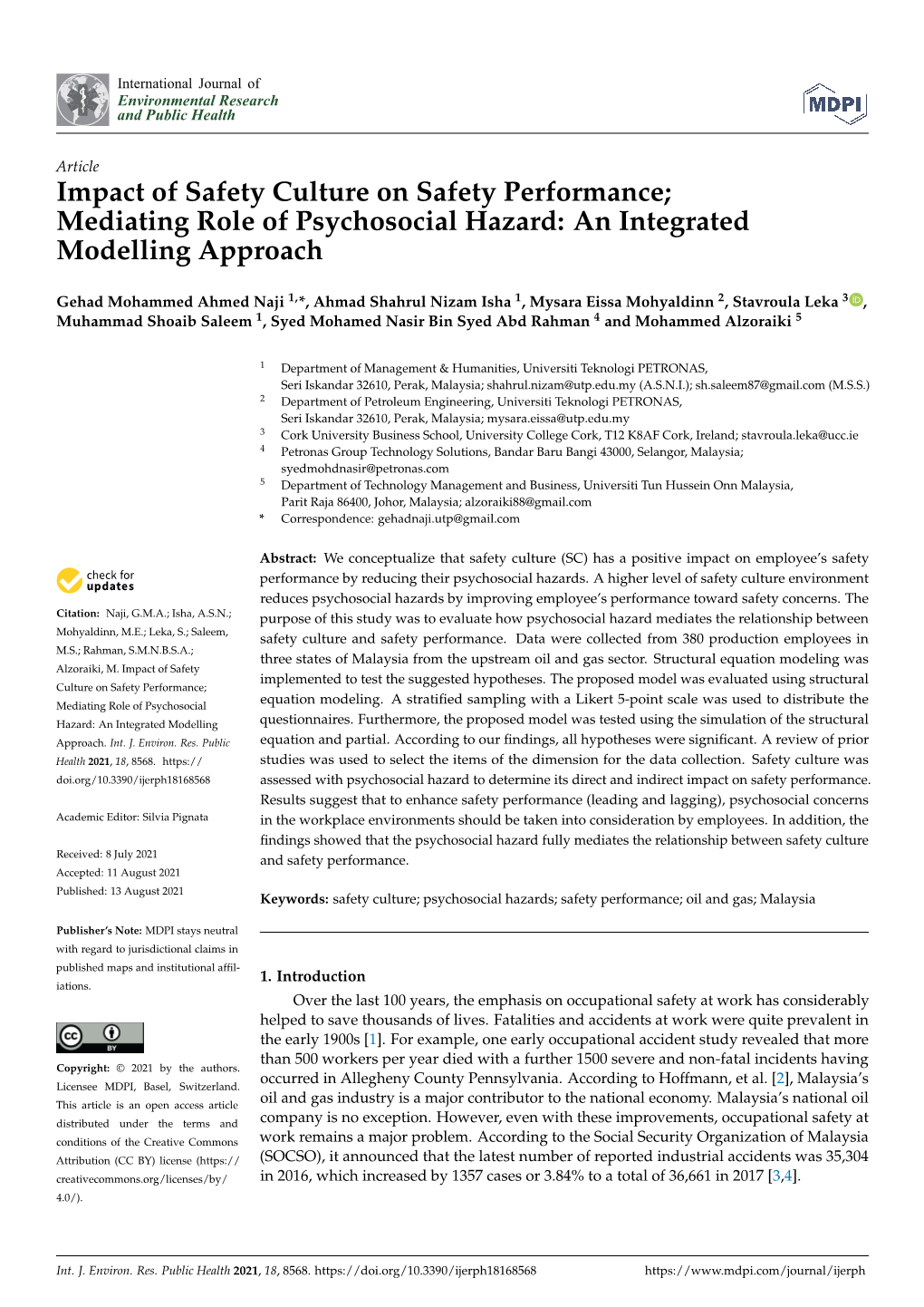 Mediating Role of Psychosocial Hazard: an Integrated Modelling Approach