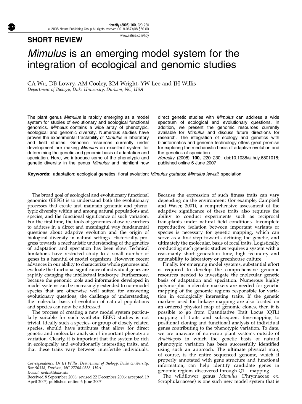 Mimulus Is an Emerging Model System for the Integration of Ecological and Genomic Studies