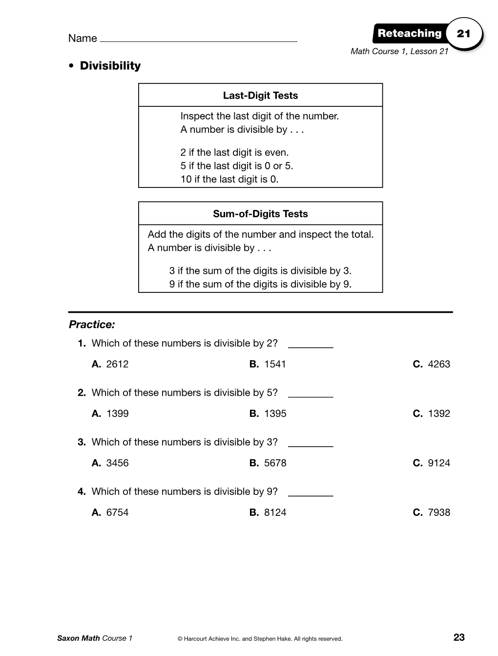 Saxon Course 1 Reteachings Lessons 21-30