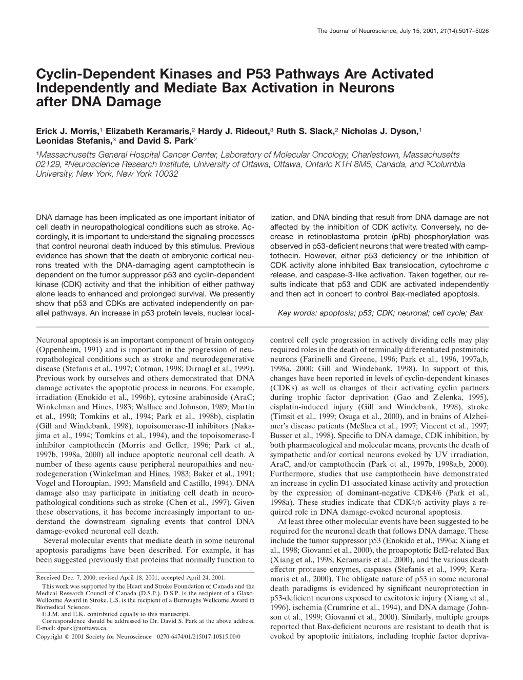 Cyclin-Dependent Kinases and P53 Pathways Are Activated Independently and Mediate Bax Activation in Neurons After DNA Damage