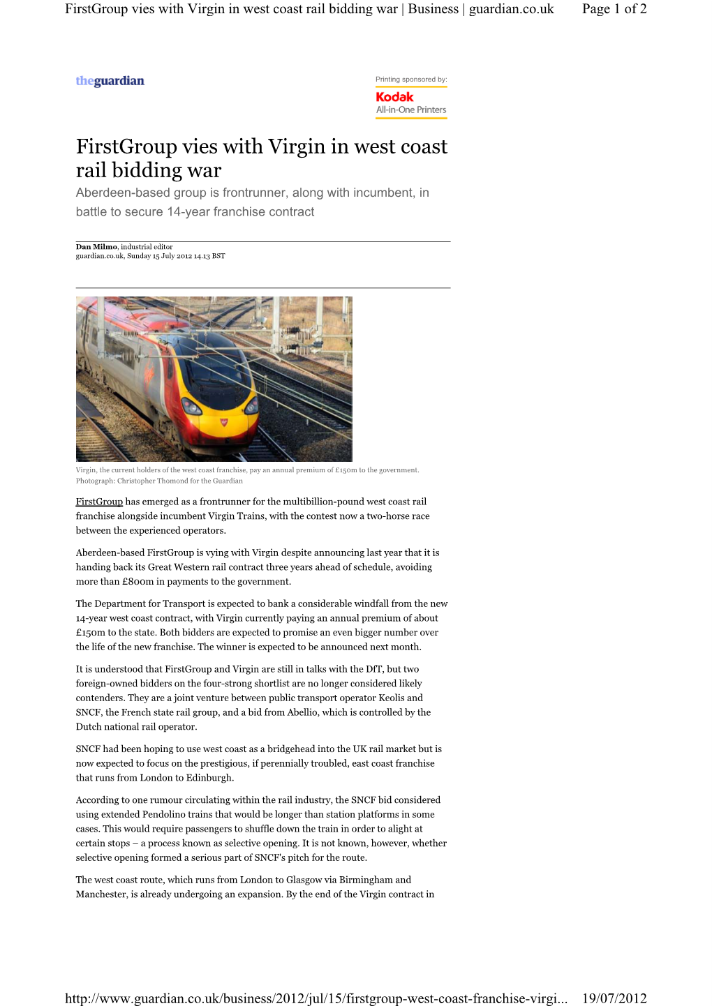 Firstgroup Vies with Virgin in West Coast Rail Bidding War | Business | Guardian.Co.Uk Page 1 of 2