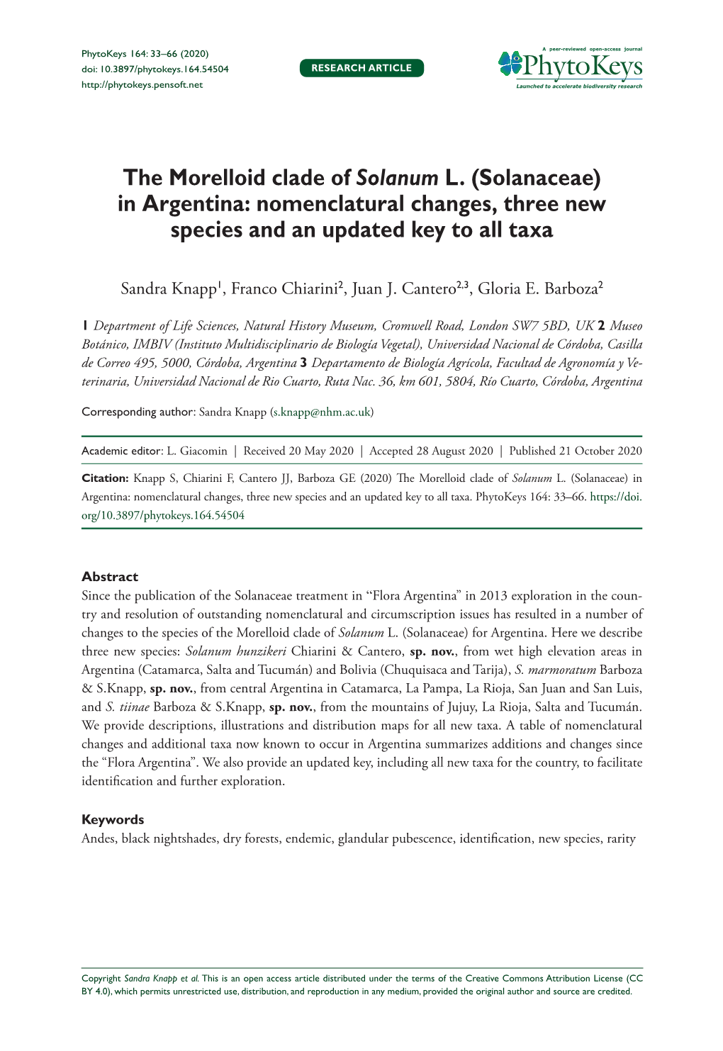 The Morelloid Clade of Solanum L. (Solanaceae) in Argentina: Nomenclatural Changes, Three New Species and an Updated Key to All Taxa