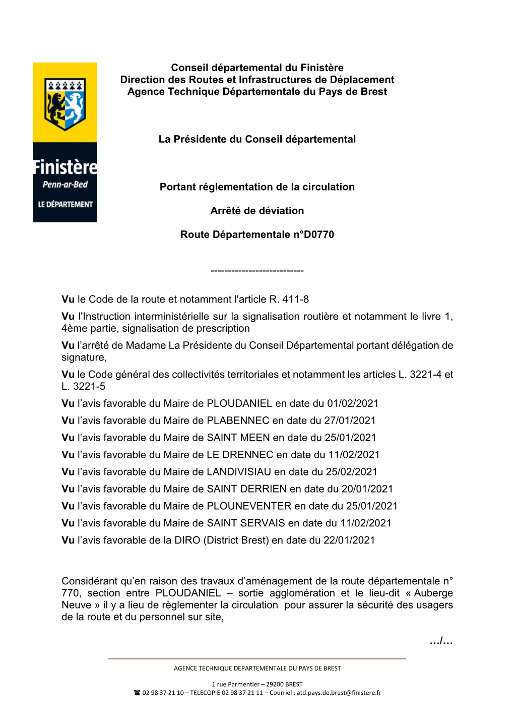 Conseil Départemental Du Finistère Direction Des Routes Et Infrastructures De Déplacement Agence Technique Départementale Du Pays De Brest