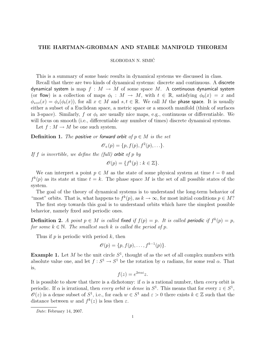 Hartman-Grobman and Stable Manifold Theorem