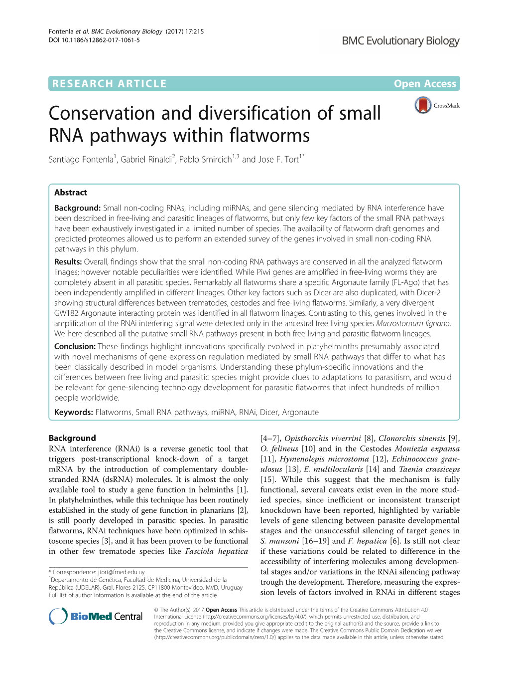 Conservation and Diversification of Small RNA Pathways Within Flatworms Santiago Fontenla1, Gabriel Rinaldi2, Pablo Smircich1,3 and Jose F