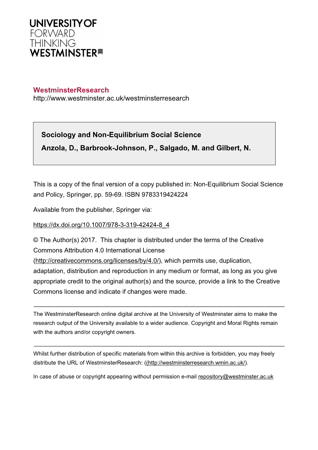 Westminsterresearch Sociology and Non-Equilibrium Social Science Anzola, D., Barbrook-Johnson, P., Salgado, M. and Gilbert, N