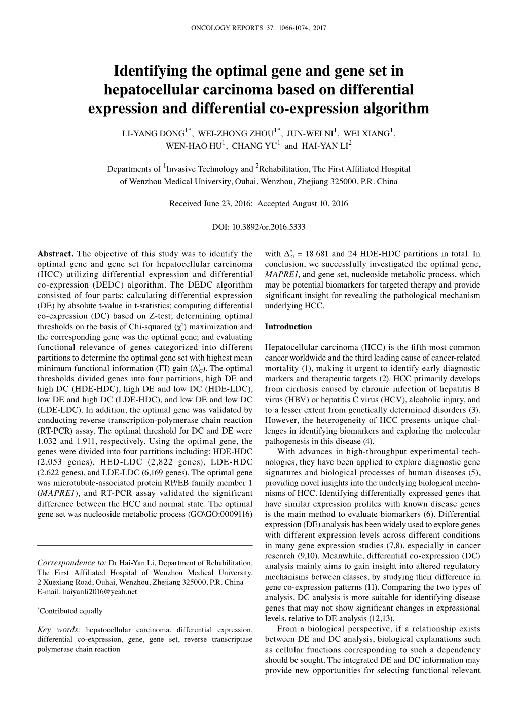 Identifying the Optimal Gene and Gene Set in Hepatocellular Carcinoma Based on Differential Expression and Differential Co-Expression Algorithm