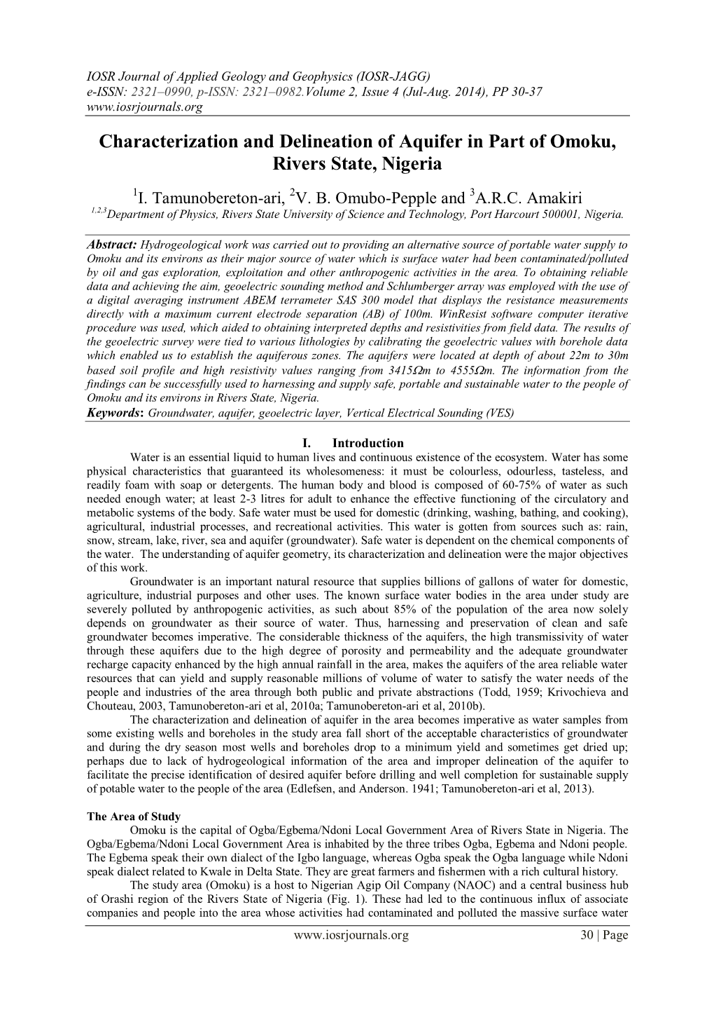 Characterization and Delineation of Aquifer in Part of Omoku, Rivers State, Nigeria