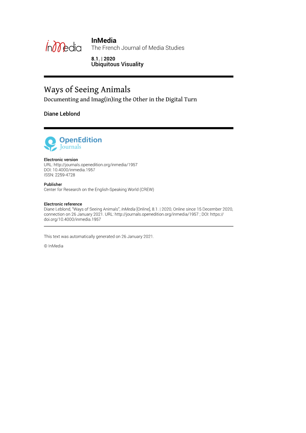 Ways of Seeing Animals Documenting and Imag(In)Ing the Other in the Digital Turn