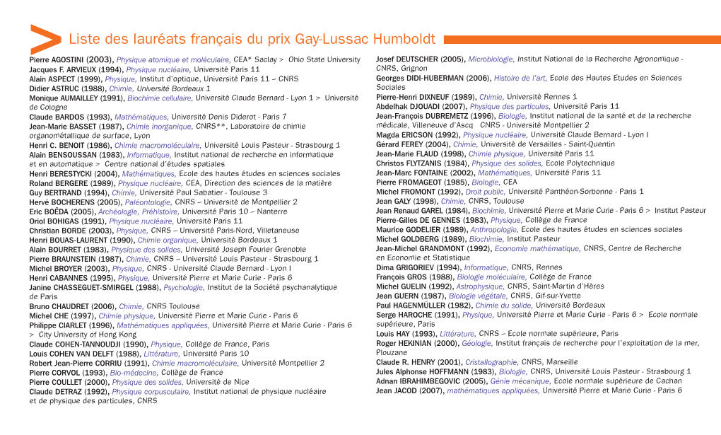 Liste Des Lauréats Français Du Prix Gay-Lussac Humboldt