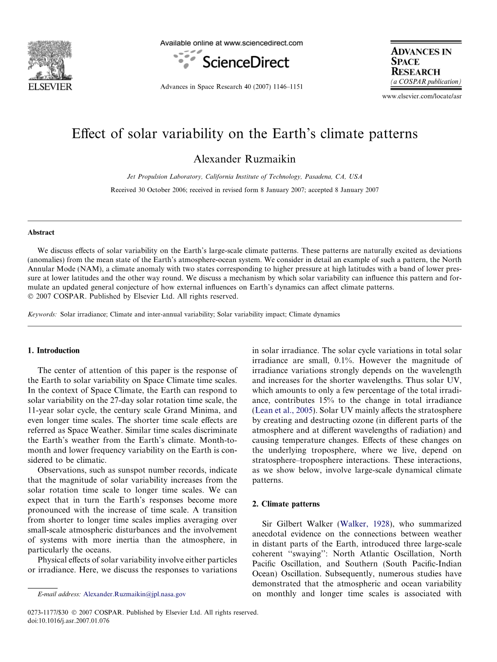 Effect of Solar Variability on the Earth's Climate Patterns