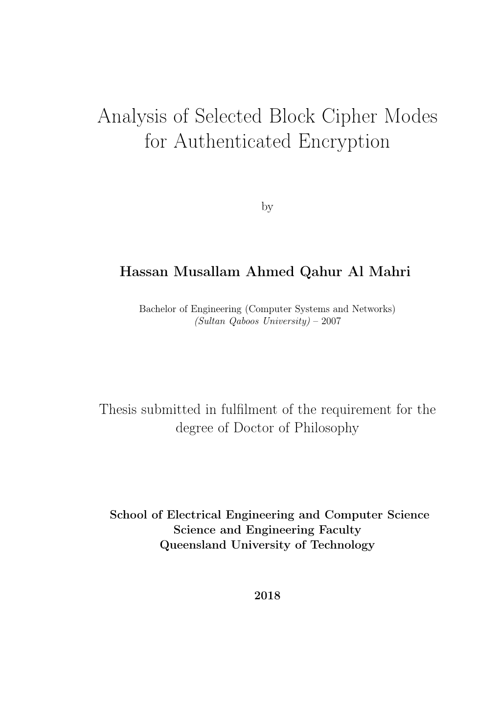 Analysis of Selected Block Cipher Modes for Authenticated Encryption