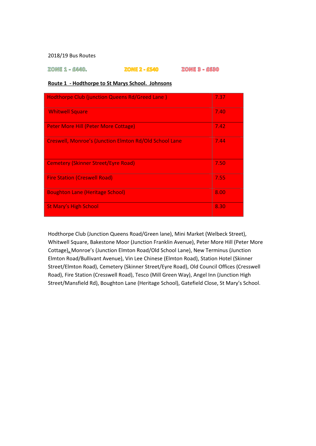 2018/19 Bus Routes