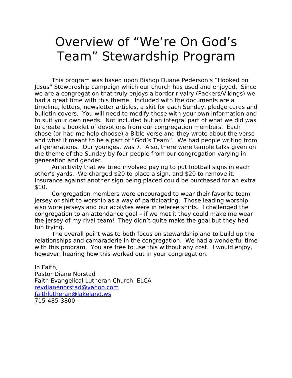 Overview of We Re on God S Team Stewardship Program