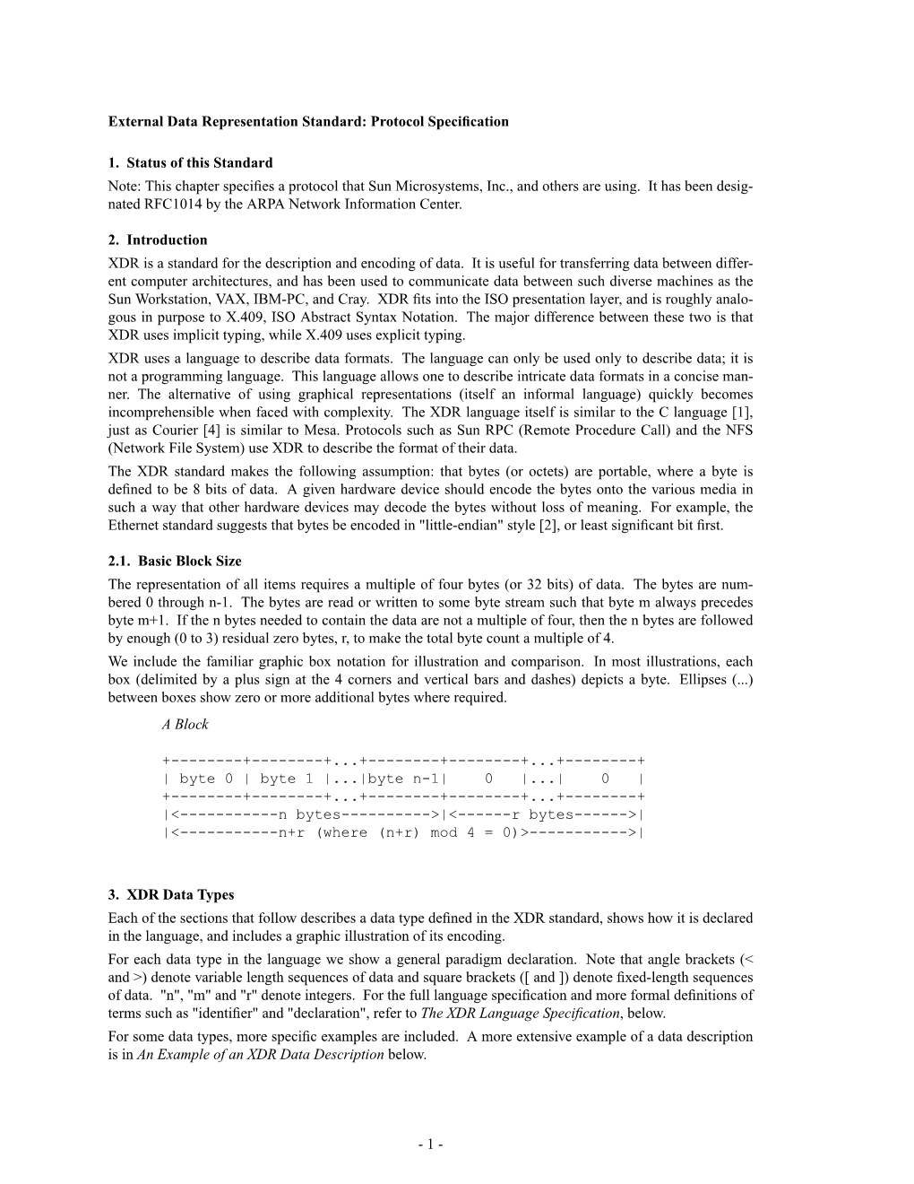 External Data Representation Standard: Protocol Specification 1. Status of This Standard Note: This Chapter Specifies a Protocol