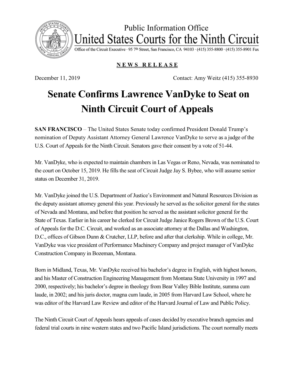 Senate Confirms Lawrence Vandyke to Seat on Ninth Circuit Court of Appeals