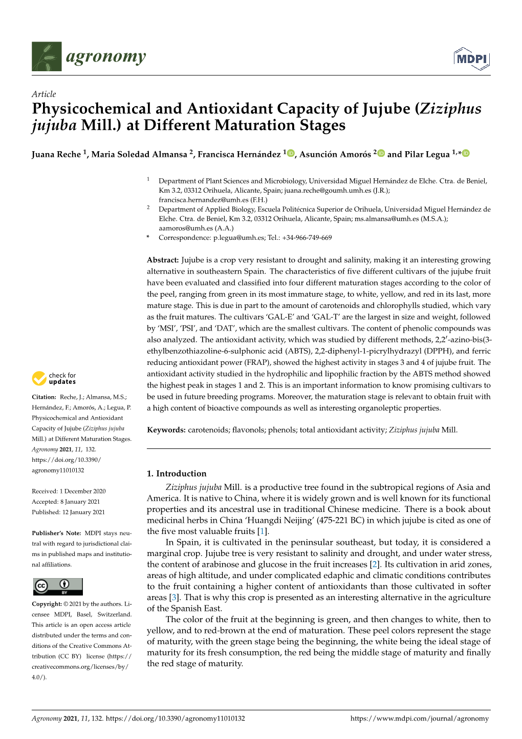 Physicochemical and Antioxidant Capacity of Jujube (Ziziphus Jujuba Mill.) at Different Maturation Stages