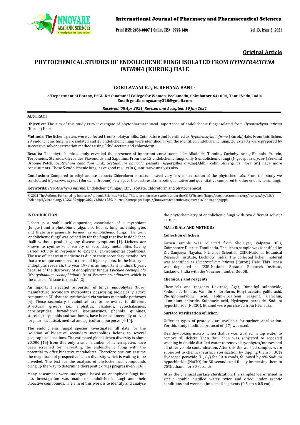 Phytochemical Studies of Endolichenic Fungi Isolated from Hypotrachyna Infirma (Kurok.) Hale