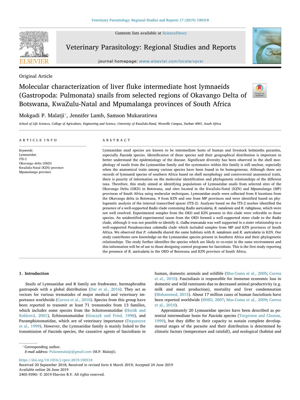 Molecular Characterization of Liver Fluke Intermediate Host Lymnaeids