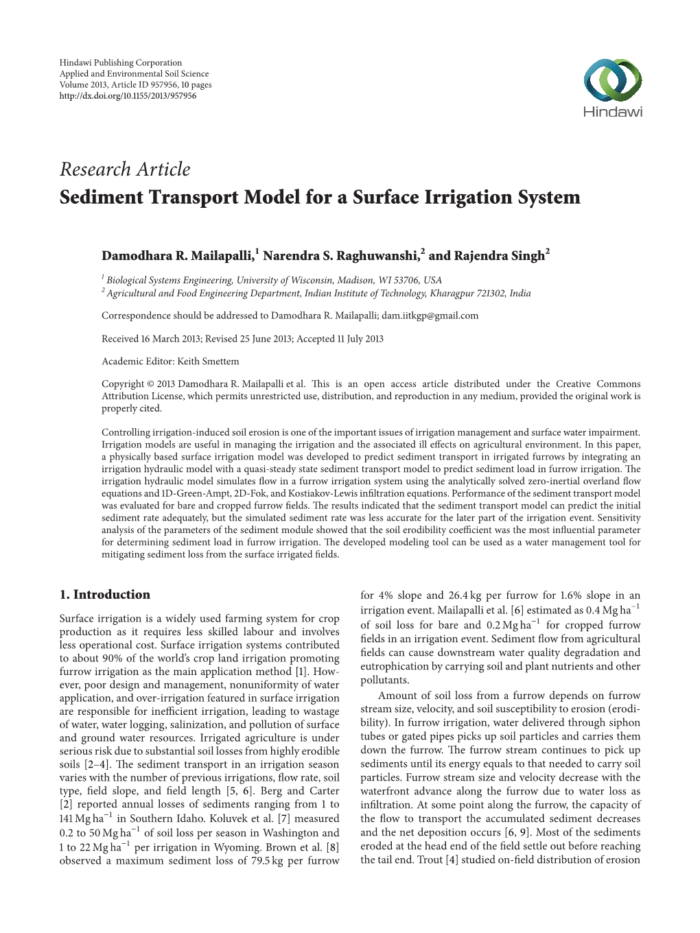 Sediment Transport Model for a Surface Irrigation System