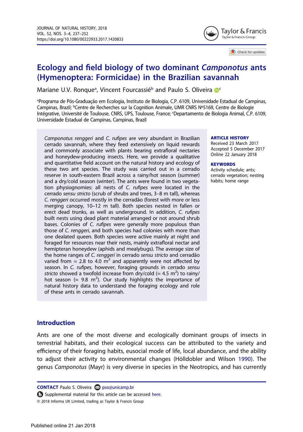 Ecology and Field Biology of Two Dominant Camponotus Ants