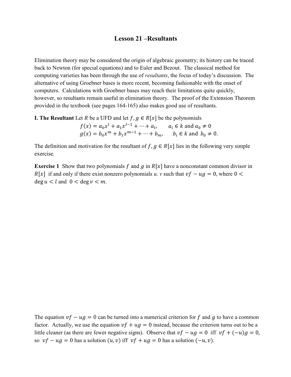 Lesson 21 –Resultants