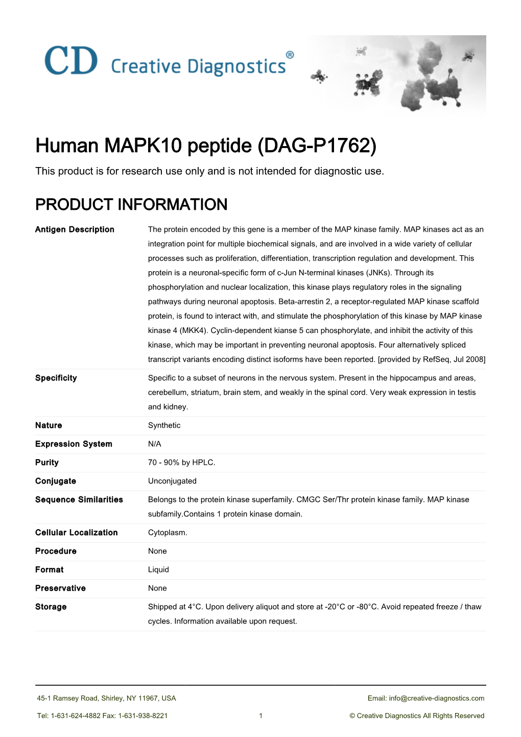 Human MAPK10 Peptide (DAG-P1762) This Product Is for Research Use Only and Is Not Intended for Diagnostic Use